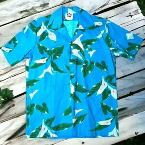 Hilo Hattie Hawaiian Shirt Teal Blue Floral Short Sleeve Vintage Tropical Medium